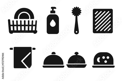 Dishware Icon Set. Solid, filled icon set of dishware accessories: dish rack, dish soap, dish brush, drying mat, dish towel, plate cover, serving dish lid,