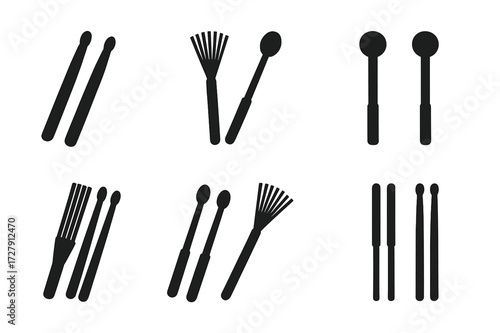 Drumstick Icon Grid. Solid, filled icon set of drumsticks types: wooden sticks, brushes, mallets, rods, nylon tips, drum brushes, double sticks, practice