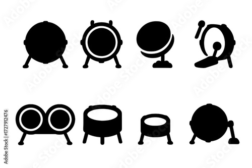 Bass Drum Icons. Solid, filled icon set of bass drum types: standard bass drum, marching bass drum, electronic bass drum pad, concert bass drum, double bass