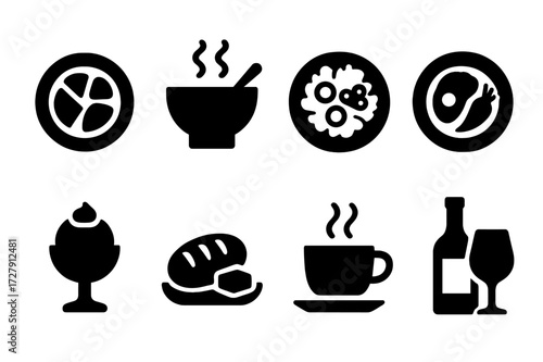 Banquet Course Icons. Solid, filled icon set of banquet meal courses: appetizer plate, soup bowl with spoon, salad dish, entree plate, dessert cup, bread roll