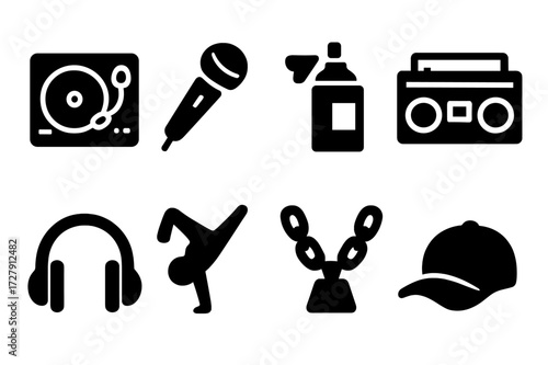 Hip Hop Icon Set. Solid, filled icon set of hip hop elements: turntable, microphone, graffiti spray can, boom box, headphones, breakdancer, gold chain,
