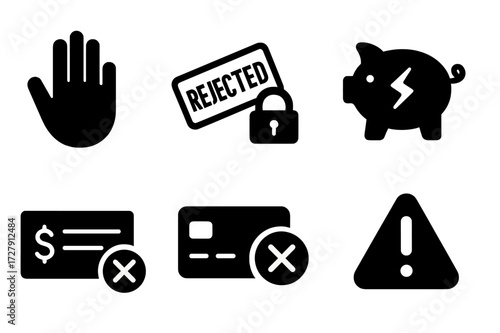 Credit Denial Icons. Solid, filled icon set of credit denial signs: stop hand, rejected stamp, locked bank, broken piggy bank, canceled check, blocked ATM
