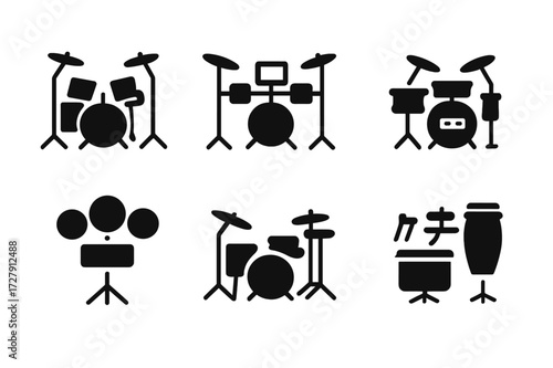 Drum Kit Icon Set. Solid, filled icon set of drummer setup types: acoustic kit, electronic kit, hybrid kit, practice kit, jazz kit, marching drum, drum pad,