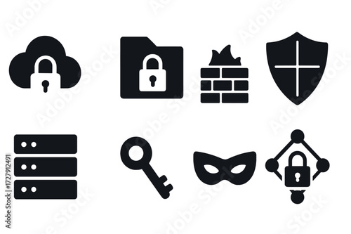 Data Protection Icons. Solid, filled icon set of data protection: cloud lock, encrypted folder, firewall, shield, data server, key, privacy mask, secure