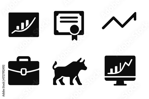 Stock Market Icon Set. Solid, filled icon set of shares and stock market: stock chart, share certificate, rising arrow, falling arrow, portfolio, bull market,