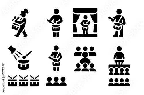 Marching Drum Icons. Solid, filled icon set of marching drum performance: marching band, drum corps, parade, stage, spotlight, drumline, audience, concert.