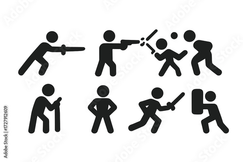 Duel Action Icons. Solid, filled icon set of duel actions: sword thrust, pistol shot, parry, dodge, reload, stance, charge, block. Solid, filled icons in only