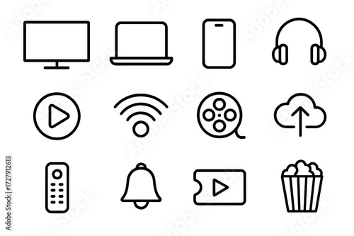 Online Entertainment Icons. Online entertainment. Line icon set of online entertainment: TV screen, laptop, smartphone, headphones, play button, Wi-Fi signal,