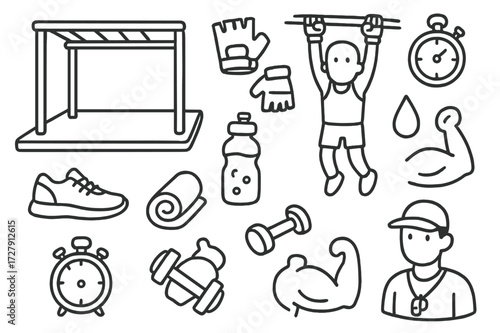 Monkey Bars Workout. Hand-drawn doodle illustration [monkey bars fitness training] [monkey bars, pull-up pose, hand grip, gloves, stopwatch, gym shoes, water