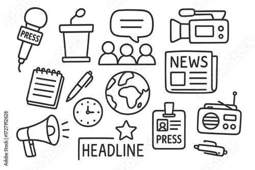 Press Conference Doodle. Hand-drawn doodle illustration Press conference microphone, podium, speech bubble, people icons, newspaper, TV camera, globe, notepad,