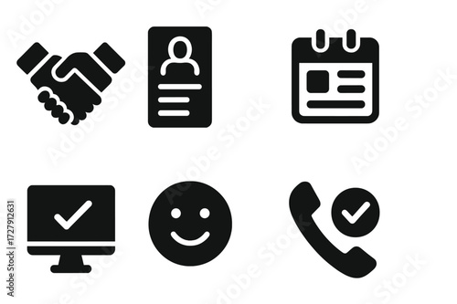 Rehiring Process Icons. Solid, filled icon set of rehiring process: handshake, resume, calendar, clipboard, computer, checkmark, smiling face, phone call.