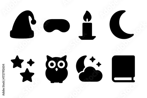 Nighttime Icons Set. Solid, filled icon set of nighttime objects: nightcap, sleeping mask, candle flame, moonlight, stars, night owl, dark sky, closed book.