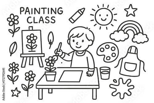 Children's Art Class. Hand-drawn doodle illustration painting class for children child with brush, easel, flower pot, paint palette, water cup, crayon, apron,