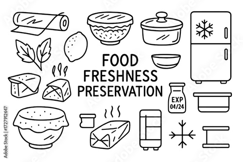Food Preservation Doodles. Hand-drawn doodle illustration [Food freshness preservation] [plastic wrap, sealed bowl, airtight lid, food container, fridge,