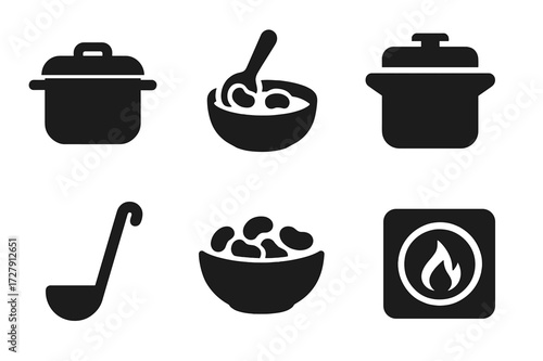Kidney Bean Cooking Icons. Solid, filled icon set of kidney bean cooking tools: cooking pot, spoon stirring beans, pressure cooker, measuring cup, ladle, bowl
