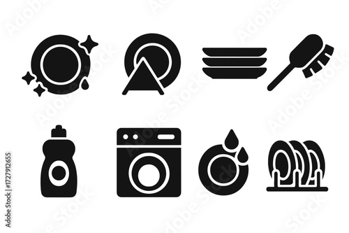 Plate Cleaning Icons. Solid, filled icon set of plate cleaning: washing plate, drying plate, stacked plates, plate brush, dish soap, dishwasher, rinse water,
