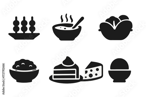 Meal Course Icons. Solid, filled icon set of meal courses: appetizer, soup, salad, main course, side dish, dessert, cheese platter, palate cleanser. Solid,