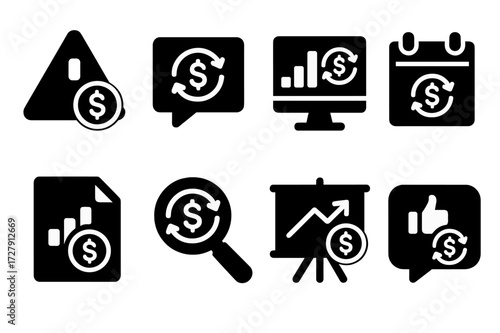 Exchange Rate Icons. Solid, filled icon set of exchange rate monitoring: alerts, notifications, dashboard, calendar, report, audit, analysis, feedback. [Solid,