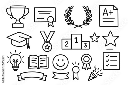 Academic Achievement Icons. Hand-drawn doodle illustration academic achievement trophy, certificate, laurel wreath, A+ paper, graduation cap, medal, podium,