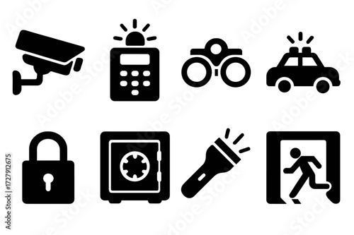 Night Safety Icons. Solid, filled icon set of night safety and security: security camera, alarm system, night vision goggles, police car, padlock, safe,