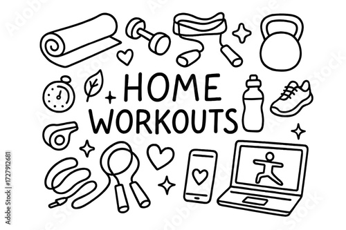 Home Workout Doodles. Hand-drawn doodle illustration Home Workouts [yoga mat, dumbbell, kettlebell, resistance band, water bottle, sneakers, stopwatch, heart,