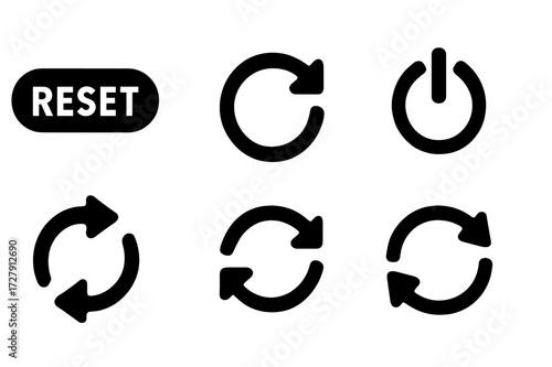 Reset Icon Set. Solid, filled icon set of reset functions: reset switch, refresh arrow, power button, restart icon, reload symbol, sync icon, system reboot,