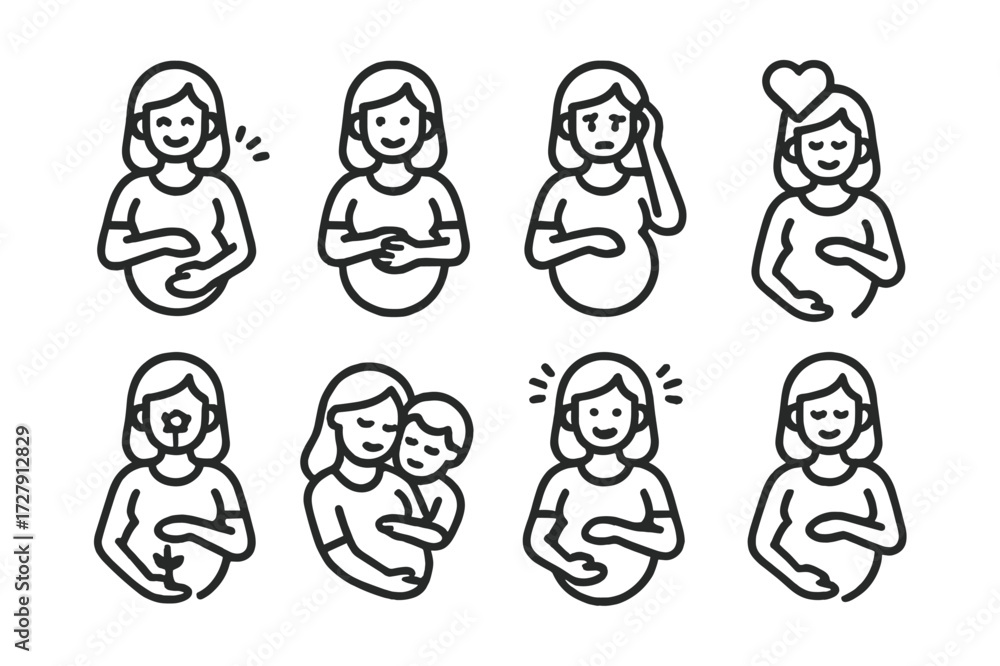 Fototapeta premium Pregnancy Emotions Icons. Outline icon set of pregnancy emotions: happiness, anticipation, anxiety, love, hope, bonding, excitement, calmness. Line icons in