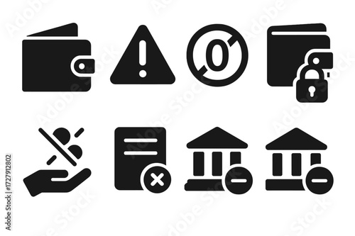 Moneyless State Icons. Solid, filled icon set of moneyless state: empty wallet, no coins, financial alert, zero balance, no cash hand, wallet locked, unpaid