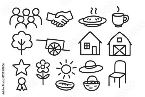 Village Gathering Doodles. Hand-drawn doodle illustration village gathering people icons, handshake, food plate, drink cup, tree, cart, house, barn, star,