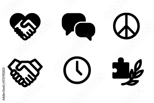 Emotional Icon Set. Solid, filled icon set of emotional compromise: heart with handshake, speech bubbles, peace symbol, handshake, clock, puzzle piece, gift,