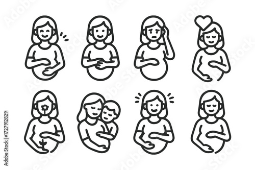 Pregnancy Emotions Icons. Outline icon set of pregnancy emotions: happiness, anticipation, anxiety, love, hope, bonding, excitement, calmness. Line icons in