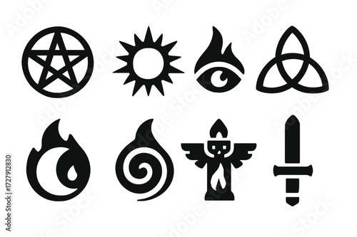 Spiritual Symbols Icon Set. Solid, filled icon set of fire ritual spiritual symbols: pentagram, sun symbol, triquetra, fire eye, crescent flame, sacred spiral,