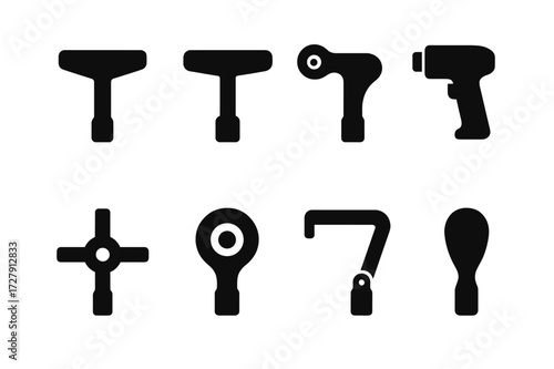 Tuning Key Icons. Solid, filled icon set of tuning key types: standard drum key, T-handle key, ratchet key, electric key, multi-tool key, magnetic key, folding