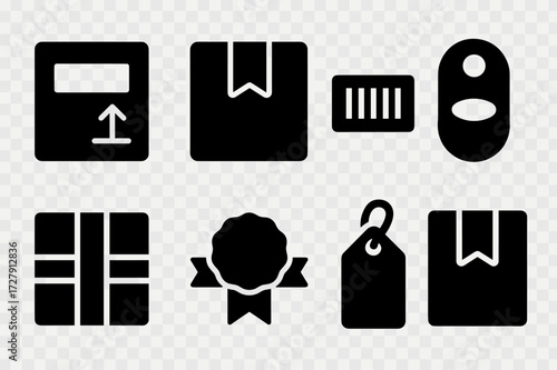 Parcel Icon Set. Solid, filled icon set of parcel banderol: shipping label, adhesive band, barcode sticker, security tag, wrapped strip, package seal, product