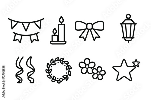 Festive Decorations Icons. Outline icon set of festive decorations: bunting flags, candles, ribbons, lanterns, streamers, wreath, flowers, stars. Line icons in