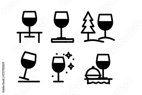 Wine Glass Icons. Solid, filled icon set of wine glass settings: dinner table glass, bar glass, outdoor glass, picnic glass, wine tasting glass, party glass,