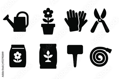 Flower Care Icons. Solid, filled icon set of flower related items: watering can, flower pot, garden gloves, floral scissors, seed packet, fertilizer bag, plant