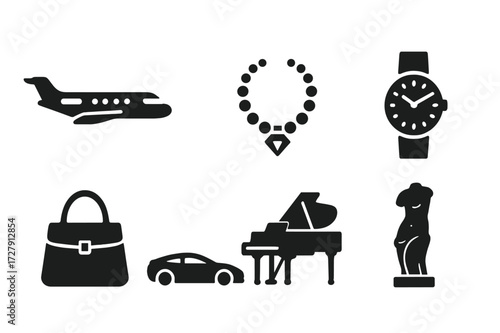 Luxury Goods Icons. Solid, filled icon set of billionaire luxury goods: private jet, yacht, diamond necklace, luxury watch, designer handbag, sports car, grand