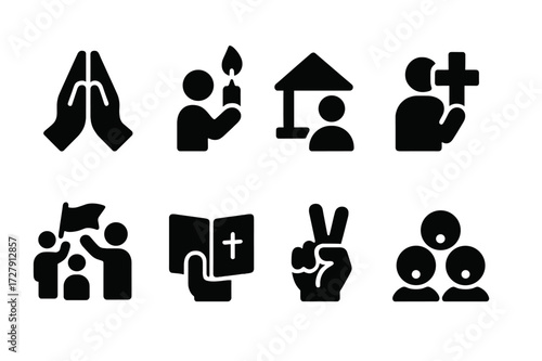 Religious Celebrant Icons. Solid, filled icon set of religious celebrants: hands in prayer, lighting candle, temple visit, holding cross, festive procession,