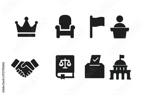 Political Power Icons. Solid, filled icon set of political power: crown, throne, flag, podium, handshake, law book, voting ballot, parliament building. [Solid,