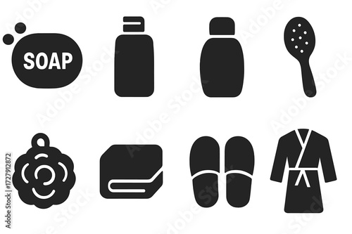 Hygiene Icon Grid. Solid, filled icon set of towel and hygiene objects: soap, shampoo bottle, shower gel, bath brush, loofah, towel, bath slippers, bathrobe.