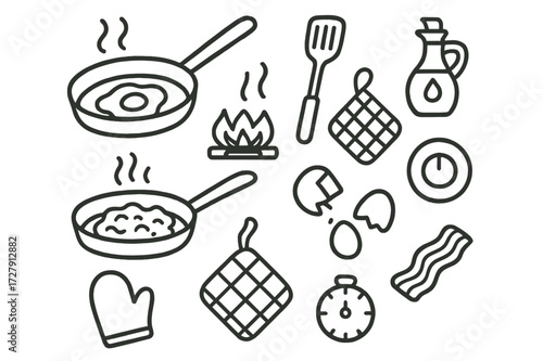 Doodle Cooking Icons. Hand-drawn doodle illustration [Frying pan handle] [frying pan, handle grip, spatula, hot stove, flame icon, scrambled eggs, steam lines,