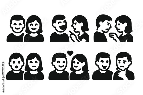 Couple Expression Icons. Solid, filled icon set of couple expressions: smiling couple, laughing couple, arguing couple, comforting, surprised, loving gaze,
