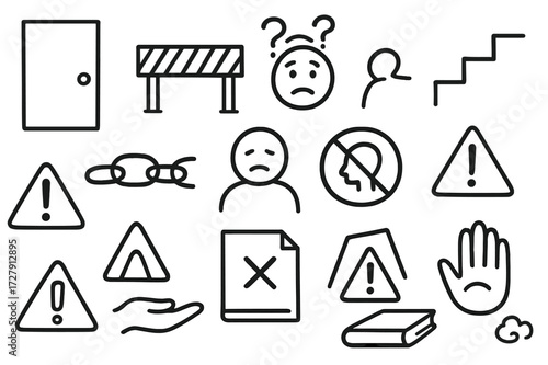 Symbolic Barriers Illustrated. Hand-drawn doodle illustration lack of access closed door, barrier, question face, stairs without steps, chain link, broken