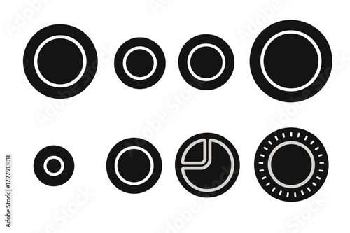Plate Icon Set. Solid, filled icon set of plate types: dinner plate, salad plate, dessert plate, charger plate, bread plate, soup plate, compartment plate,