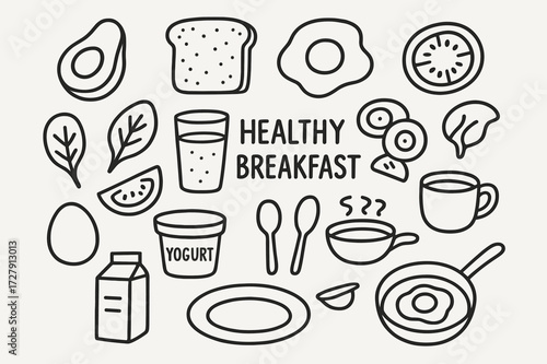 Healthy Breakfast Doodles. Hand-drawn doodle illustration [Healthy breakfast] [avocado, toast, fried egg, spinach leaf, tomato slice, juice glass, granola