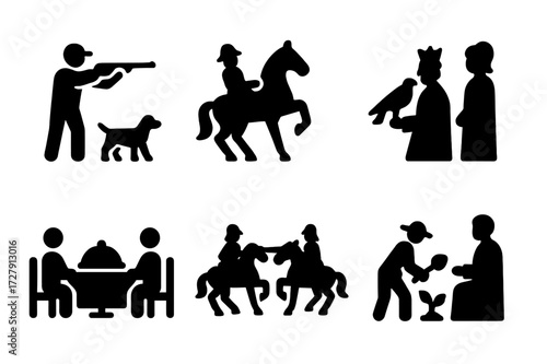 Noble Activities Icons. Solid, filled icon set of noble activities: hunting, horseback riding, falconry, attending court, banqueting, jousting, gardening,