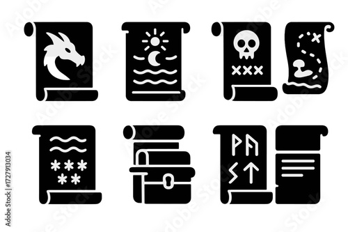 Fantasy Scroll Icons. Solid, filled icon set of fantasy scrolls: dragon emblem, ancient prophecy, cursed scroll, treasure map, magical text, scroll chest,