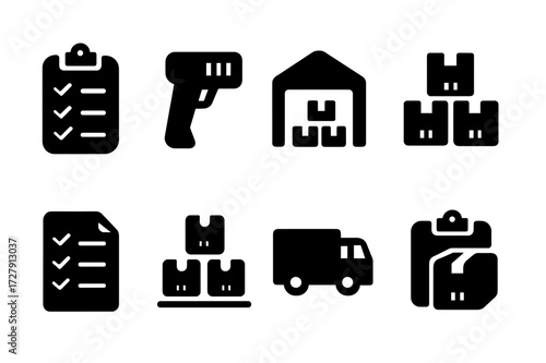 Inventory Icon Set. Solid, filled icon set of asset inventory: checklist, barcode scanner, warehouse, stockpile, inventory list, box stack, logistics truck,