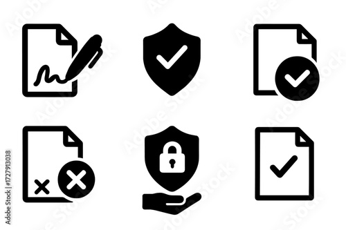 Signature Actions Icons. Solid, filled icon set of signature actions: sign, verify, approve, reject, authenticate, submit, confirm, validate. [Line icons in